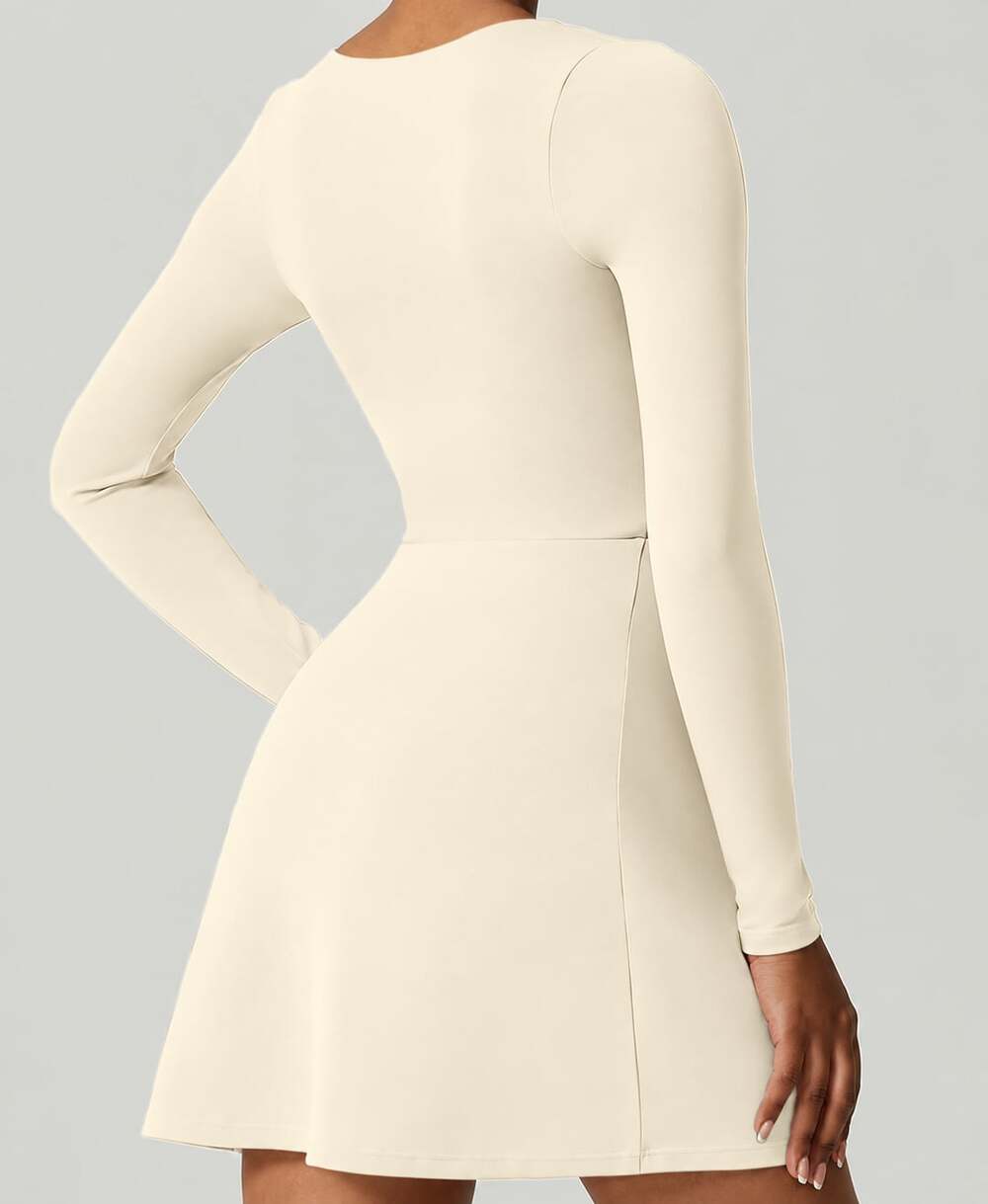 QINSEN Square Neck Long Sleeve Flare Dress